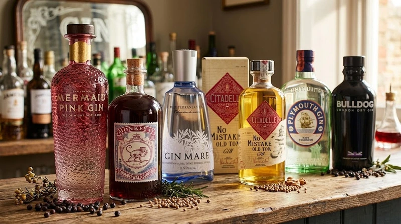 Eine Auswahl von sechs verschiedenen Gin-Flaschen, darunter Mermaid Pink Gin und Gin Mare, nebeneinander aufgerat auf einer rustikalen Holzbar mit natürlichen Schatten, umgeben von Wacholderbeeren und Kräutern vor einem Bar-Hintergrund.