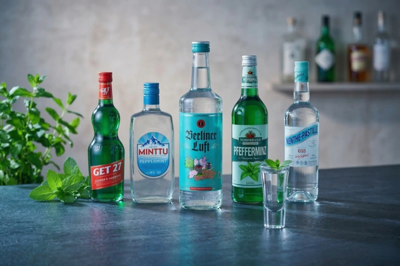 Vergleich der 5 meistgekauften Pfefferminzliköre 2026: Flaschen von Berliner Luft, Minttu, Nordbrand, Get 27 und Menthe-Pastille auf einer Theke.