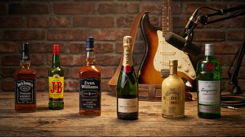 Sechs verschiedene Spirituosenflaschen (u.a. Whiskey, Champagner, Gin) nebeneinander auf einem Holztisch. Im unscharfen Hintergrund befinden sich eine E-Gitarre, ein Studio-Mikrofon und eine Backsteinwand.