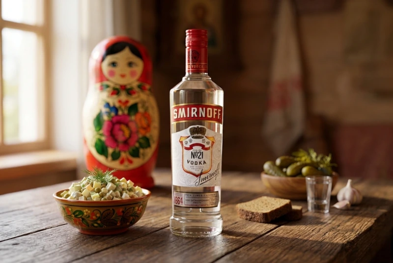 Smirnoff No. 21 Wodka-Flasche mit Matroschka, Zakuski-Salat, Gurken, Brot und Schnapsglas auf rustikalem Tisch.