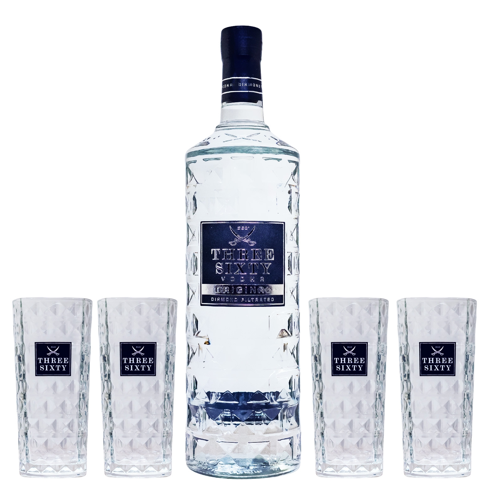 Three Sixty Vodka GEPA mit 4 Gläsern - 3L 37,5% vol Three Sixty Vodka GEPA mit 4 Gläsern - 3L 37,5% vol