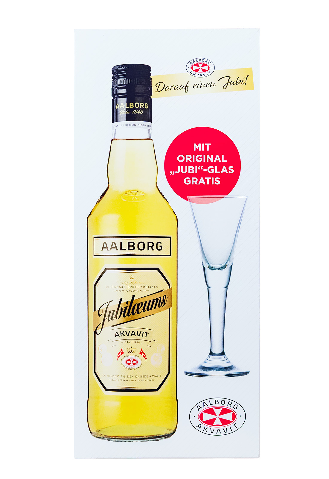Aalborg Jubiläums Akvavit mit Jubi-Glas in Geschenkverpackung - 0,7L 40% vol