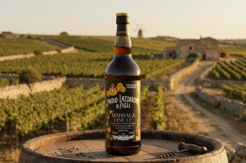 Paolo Lazzaroni & Figli Marsala Fine I.P. – Flasche auf Holzfass vor den Weinbergen der geschützten Ursprungsbezeichnung Marsala DOC Trapani bei Sonnenuntergang