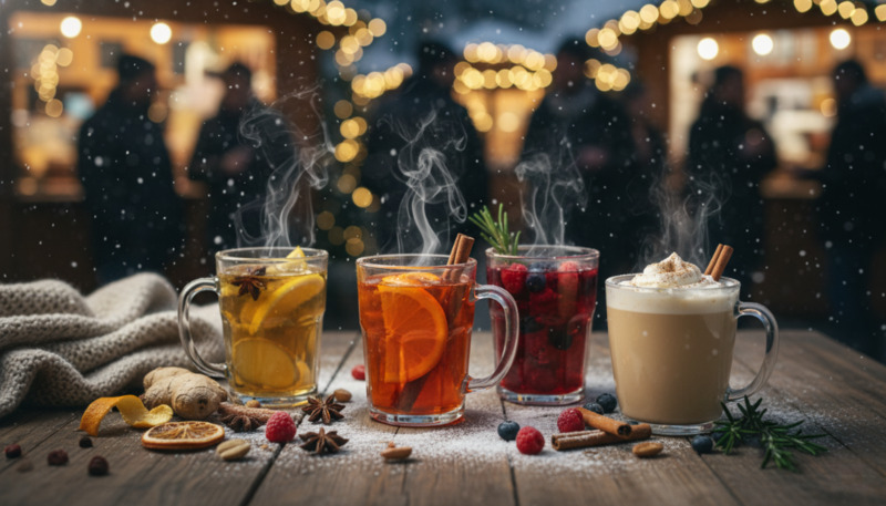 Hot Cider, Hot Aperol, Hot Lillet und Eierpunsch im Glas mit Weihnachtsmarkt Hintergrund