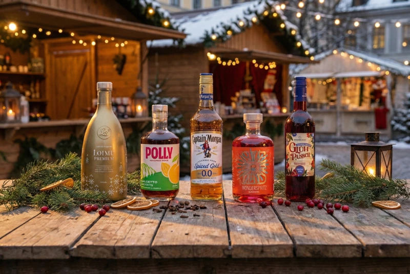 Alkoholfreie Alternativen zu Rum, Glühwein, Spritz und Glögg vor einem Weihnachtsmarkt