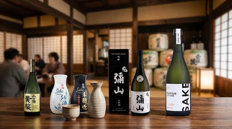 Mehrere Flaschen und Karaffen mit Sake sowie eine Sake-Tasse auf einem Holztisch in einer japanischen Bar mit traditionellen Sake-Fässern im Hintergrund.