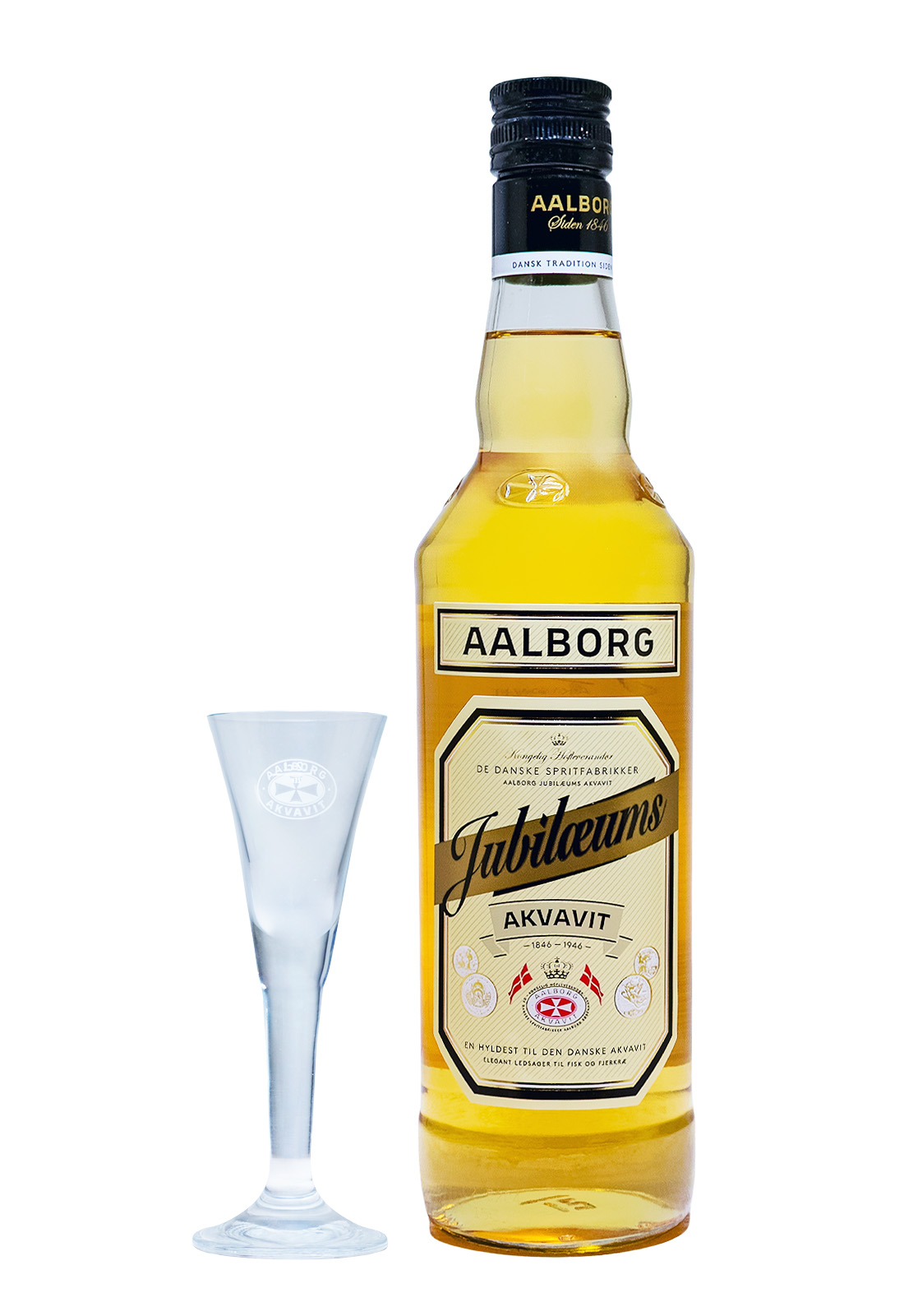 Aalborg Jubiläums Akvavit mit Jubi-Glas in Geschenkverpackung - 0,7L 40% vol