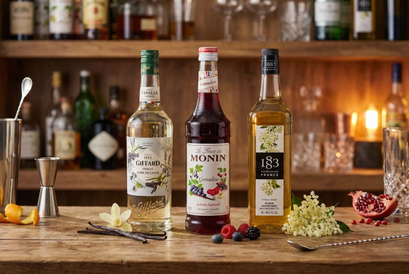 Drei Flaschen Sirup vor einer Hausbar