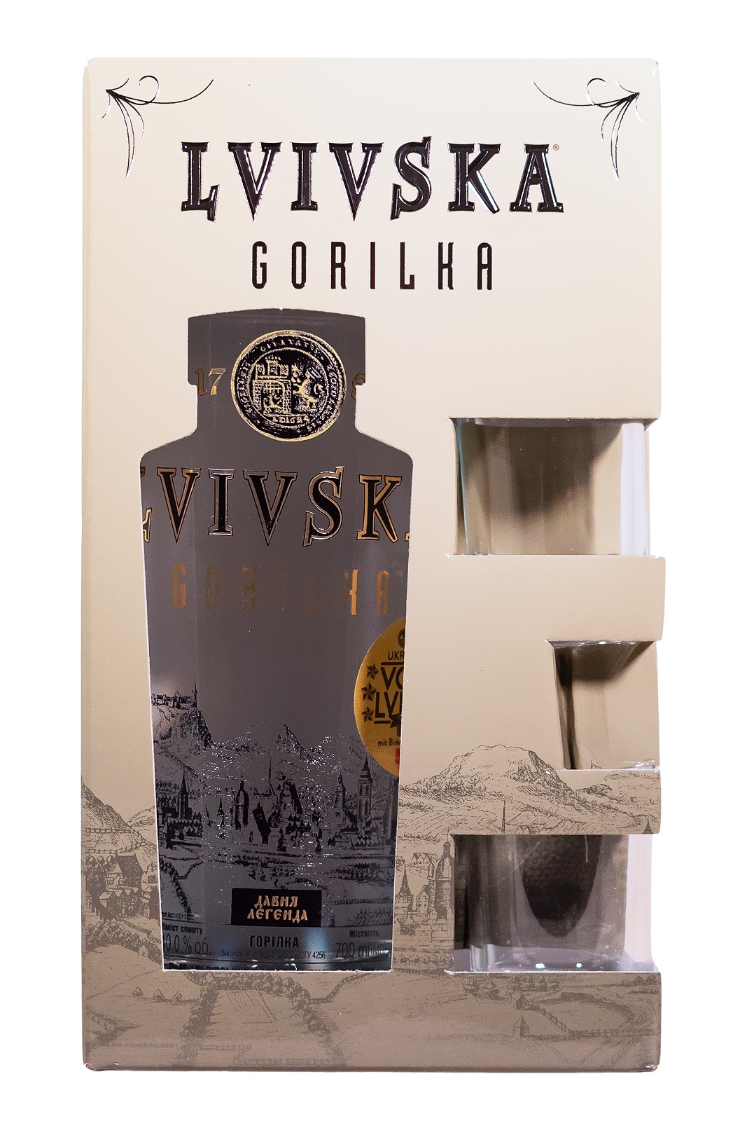 Lvivska Vodka Gold GEPA mit 2 Gläsern - 0,7L 40% vol