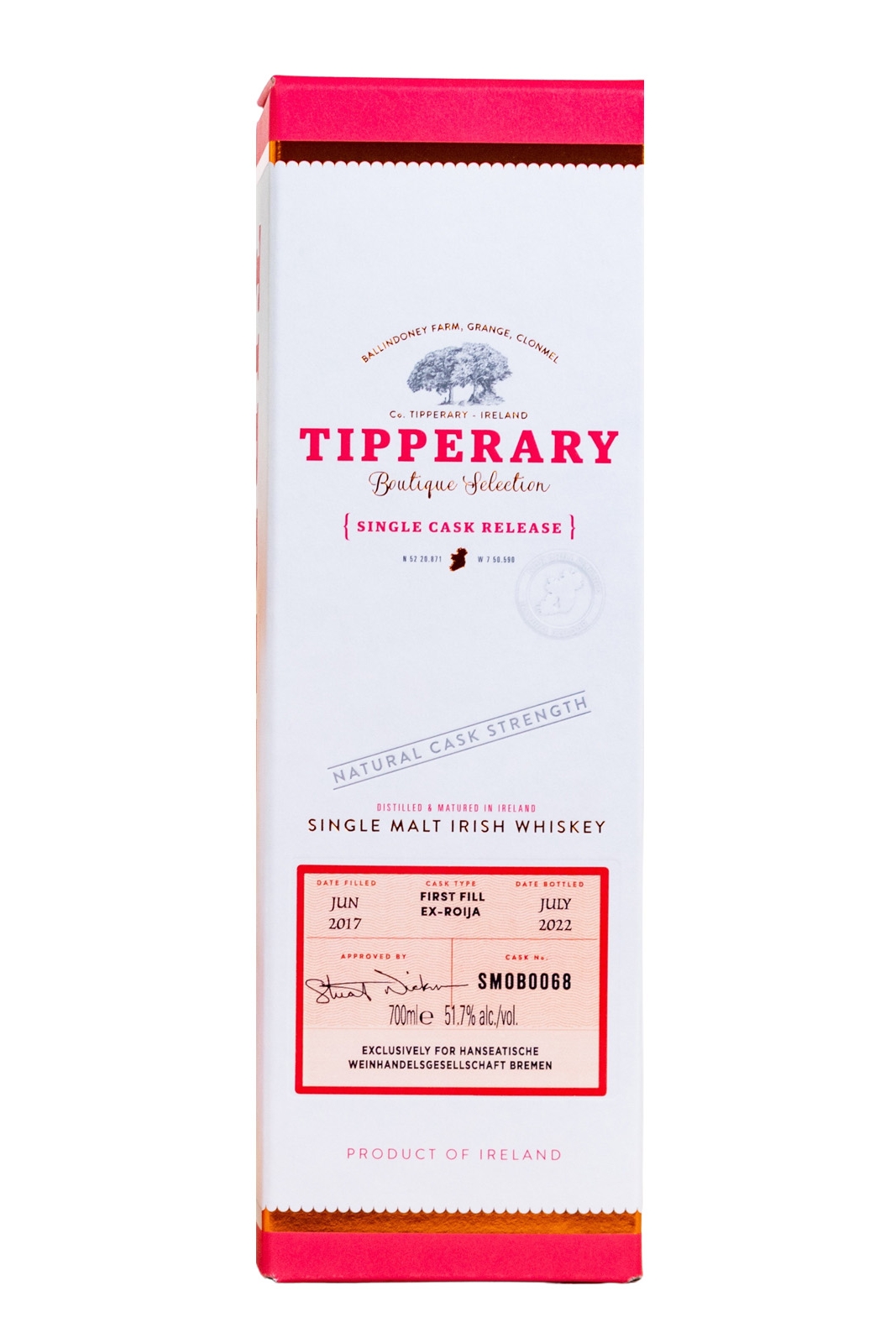 Tipperary Vintage 2017 Single Cask Homegrown Barley Cask No. 3474 - 0,7L 51,7% vol