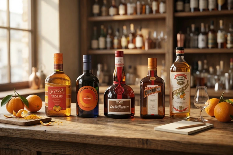 Test der 5 besten Orangenliköre 2026: Grand Marnier, Cointreau, Pierre Ferrand, Walcher und Le Favori auf einer rustikalen Holzbar mit frischen Orangen