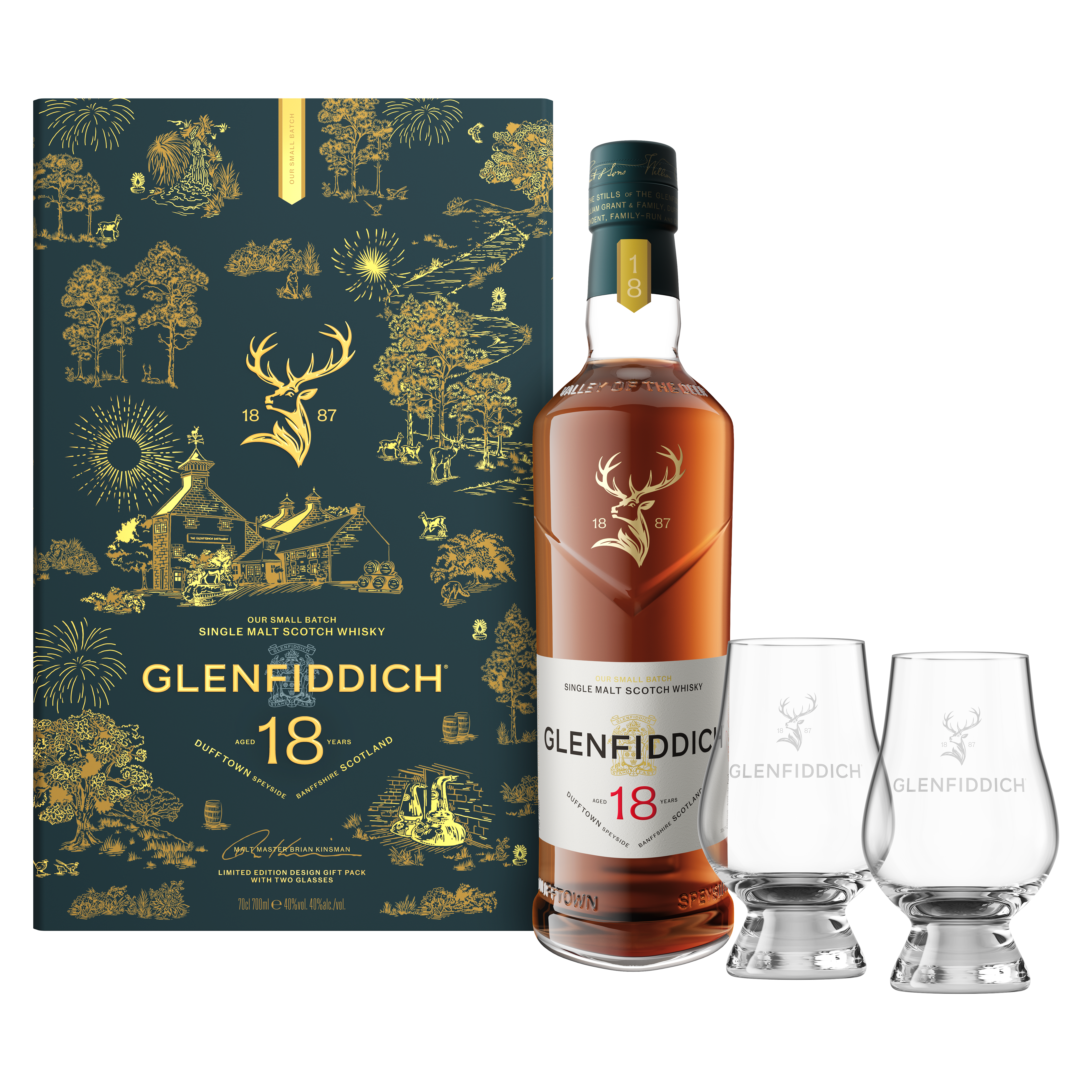 Glenfiddich 18 Jahre Geschenkpackung inkl. zwei Glencairn Gläsern - 0,7L 40% vol