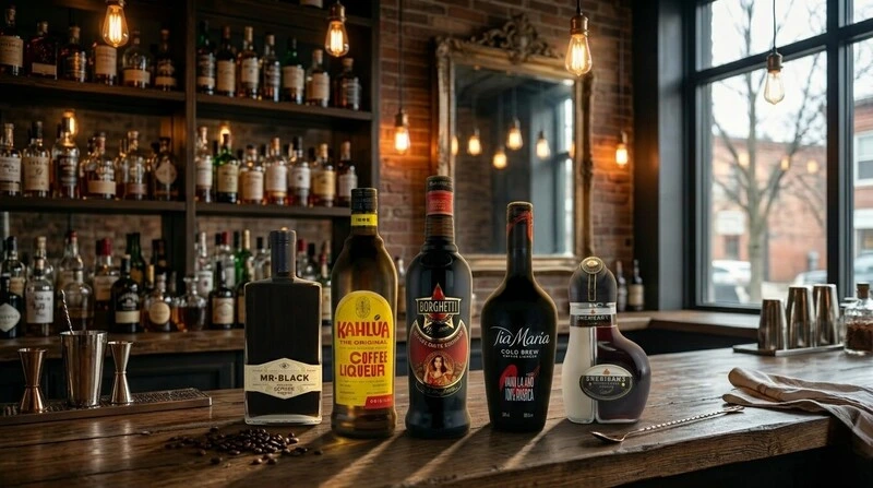 Fünf verschiedene Kaffeeliköre (Mr Black, Kahlúa, Borghetti, Tia Maria, Sheridan’s) präsentiert auf einer Holzbar in einer authentischen, warm beleuchteten Bar-Atmosphäre.