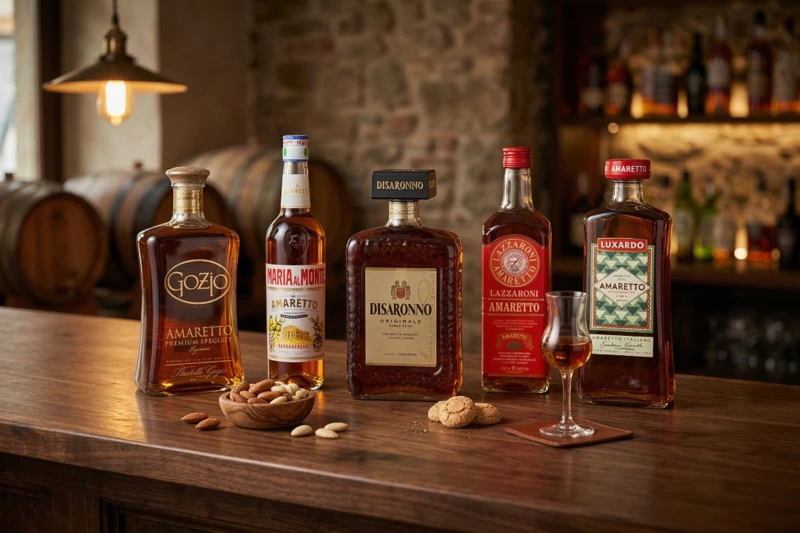 Die 5 besten Amaretto-Marken im Test 2026: Disaronno, Lazzaroni, Luxardo, Gozio und Maria al Monte auf einer Bar.