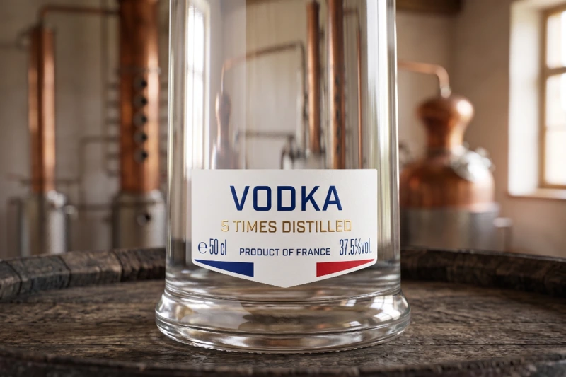 Nahaufnahme einer Vodka-Flasche mit der Aufschrift „5 times distilled“