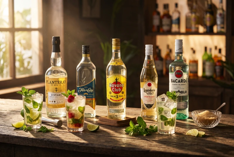Auswahl der 5 besten Rum-Sorten für den perfekten Mojito: Planteray, Flor de Caña, Havana Club, Legendario und Bacardí mit Cocktails und Zutaten auf einer Holztheke.