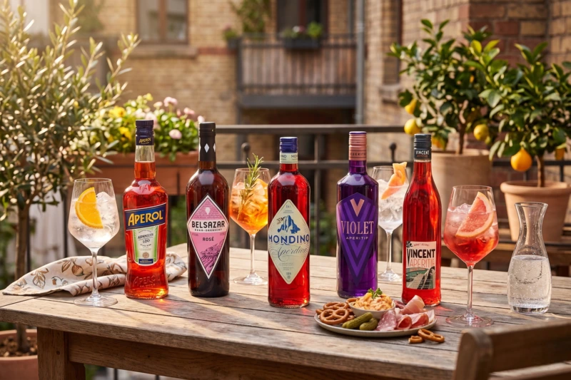Fünf hochwertige deutsche Aperitif-Flaschen, darunter Marken wie Belsazar, Mondino, Violet und Vincent, präsentiert in einer sommerlichen Garten-Atmosphäre auf einem Holztisch mit passenden Drinks und Snacks für den perfekten deutschen Aperitivo