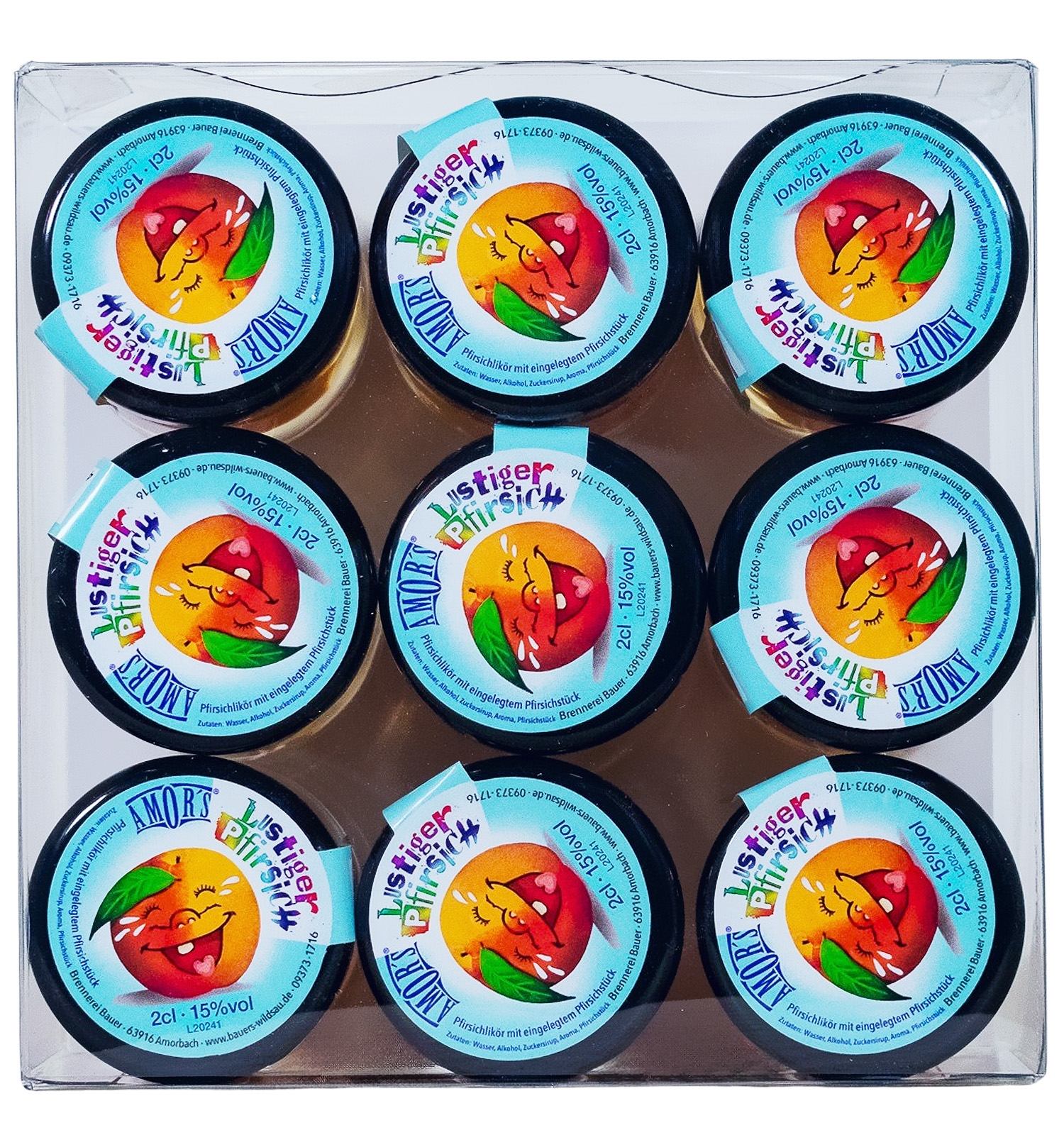 Paket [9 x 0,02L] Amor's Lustiger Pfirsich mit Frucht im Glas - 0,18L 15% vol