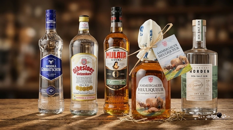 „Fotorealistische Produktpräsentation von fünf Spirituosen-Flaschen (Wodka Gorbatschow, Oldesloer Weizenkorn, Ron Mulata, Ammergauer Heuliqueur und Doornkaat Norden Sea Salt Gin) auf einer rustikalen Holztheke mit natürlichem Licht- und Schattenfall.“