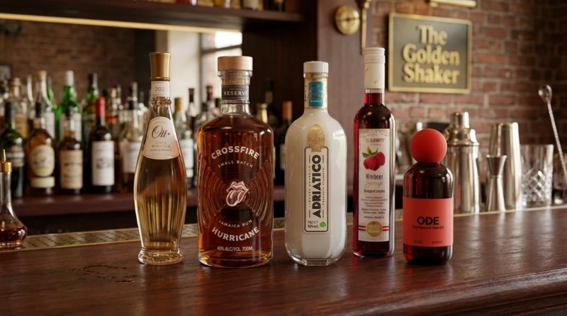 Fünf verschiedene Getränkeflaschen – darunter Rum, Likör und Sirup – stehen nebeneinander auf einer dunklen Holzbartheke. Im Hintergrund ist eine stimmungsvolle, leicht unscharfe Bar mit Backbar-Regalen und Backsteinwand zu sehen.