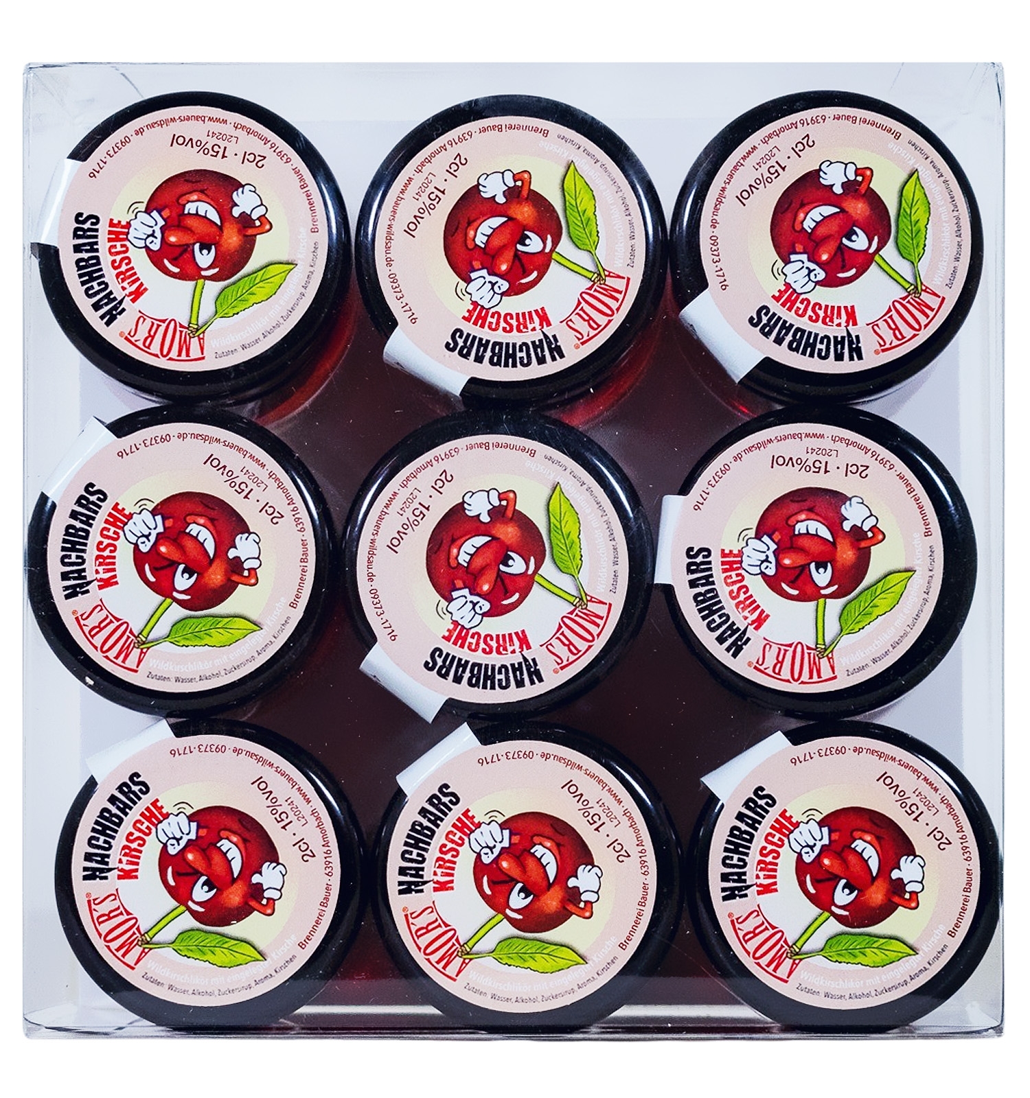 Paket [9 x 0,02L] Amor's Nachbars Kirsche mit Frucht im Glas - 0,18L 20% vol