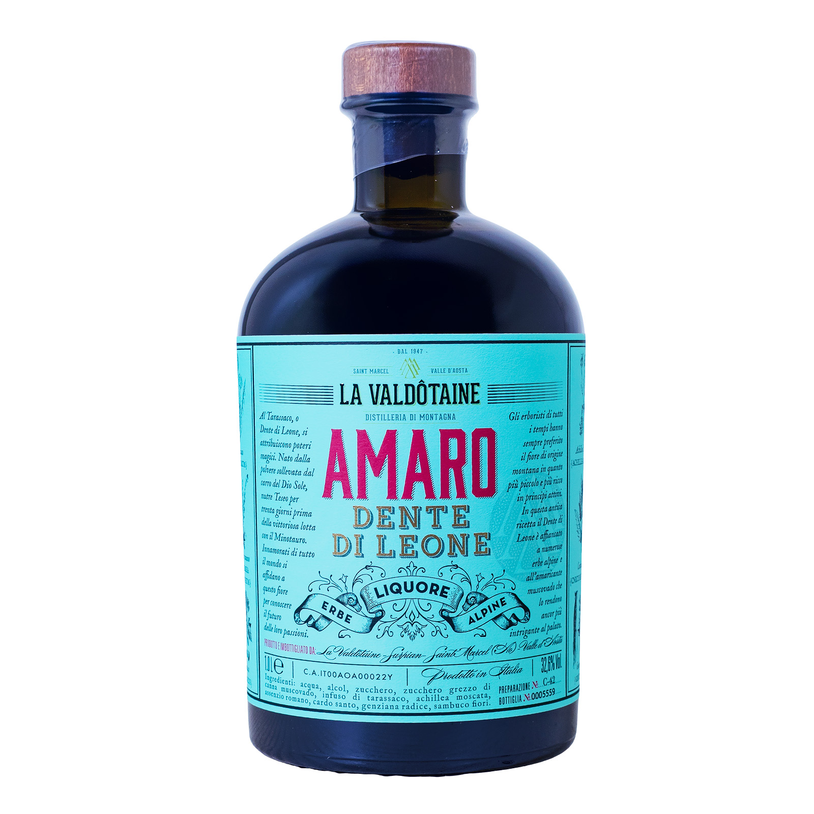 La Valdotaine Amaro Dente di Leone mit 2 Gläsern in Geschenkverpackung - 1 Liter 32,6% vol