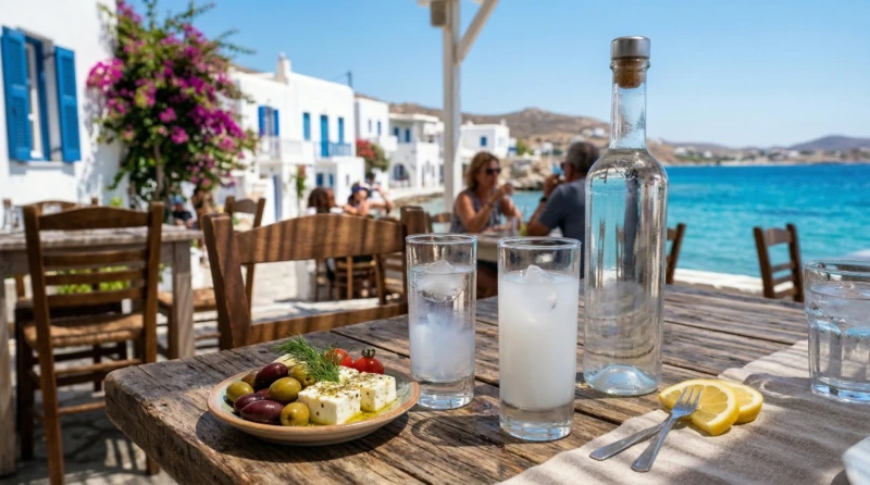 Ouzo Trinkgewohnheit. Ouzo Gläser und Flasche auf einem Tisch mit Oliven und Feta. Im Hintergrund Weiß-Blaue-Häuser und Blaues Meer