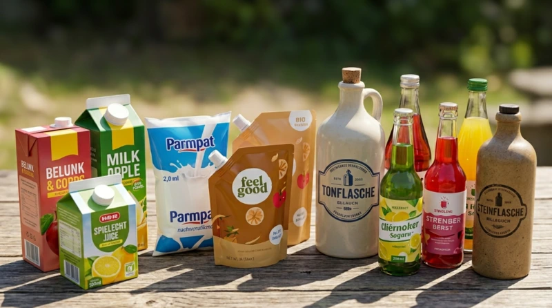 Getränkeverpackungen wie Kartons, Beutel, Glas-, Ton- und Steinflaschen auf einem Holztisch bei natürlichem Licht.
