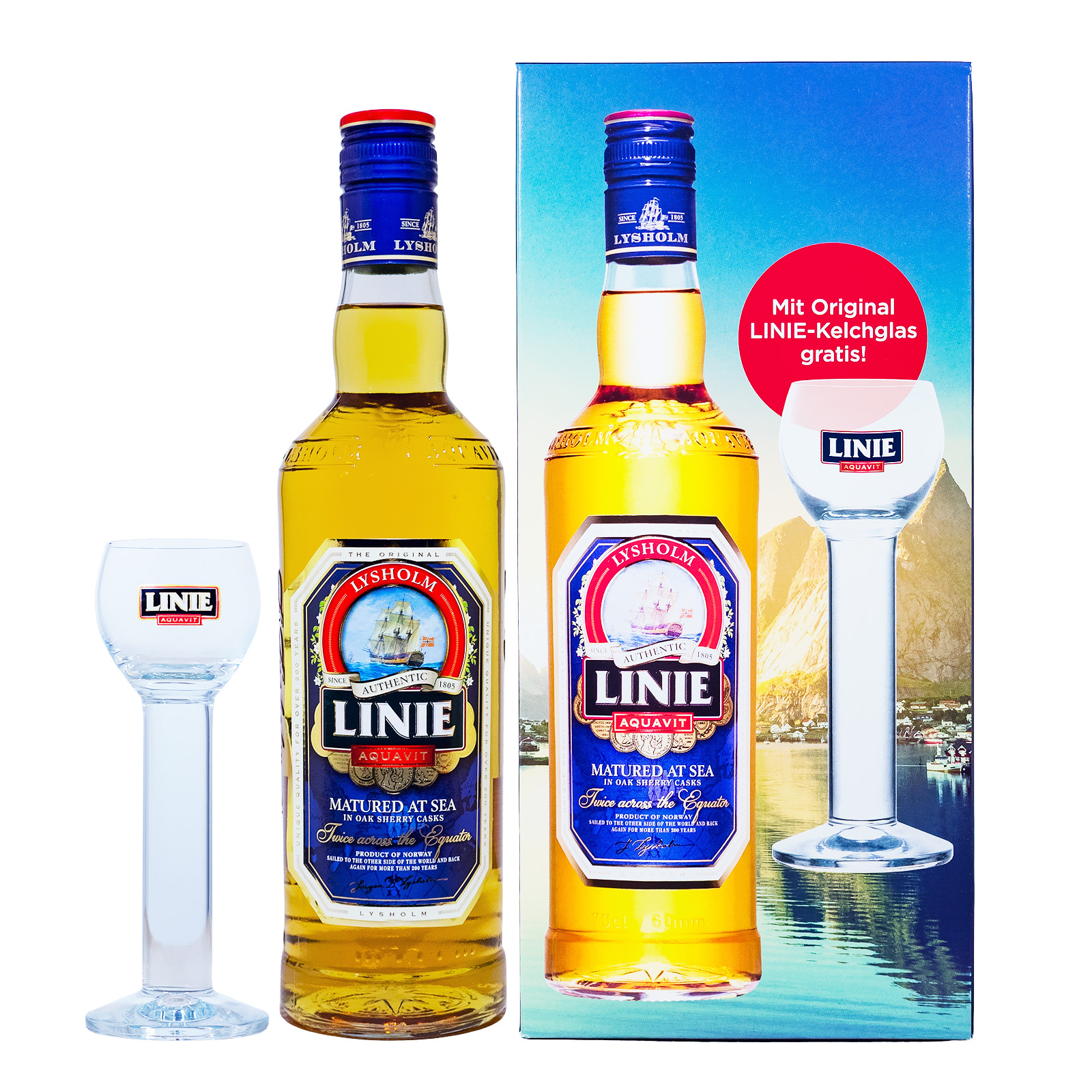 Linie Aquavit mit Linie Kelchglas in Geschenkverpackung - 0,7L 41,5% vol