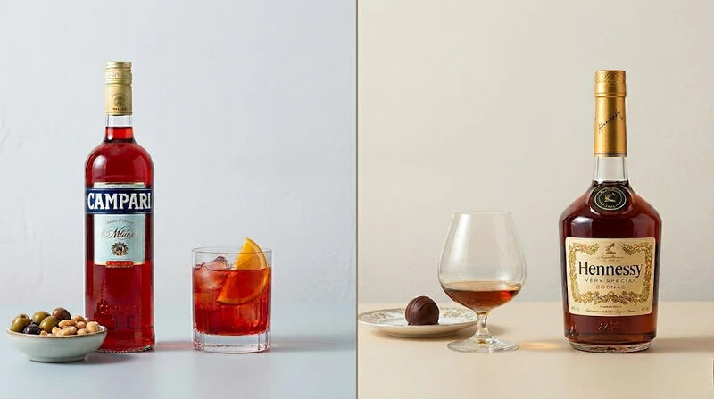 Vergleich von Apéritif und Digestif: Links eine Flasche Campari mit einem Drink und Oliven auf hellblauem Grund, rechts eine Flasche Hennessy Cognac mit Schwenker und Praline auf warmem beigem Hintergrund.