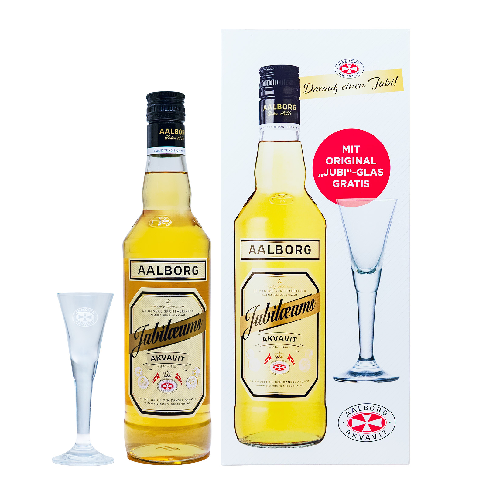 Aalborg Jubiläums Akvavit mit Jubi-Glas in Geschenkverpackung - 0,7L 40% vol