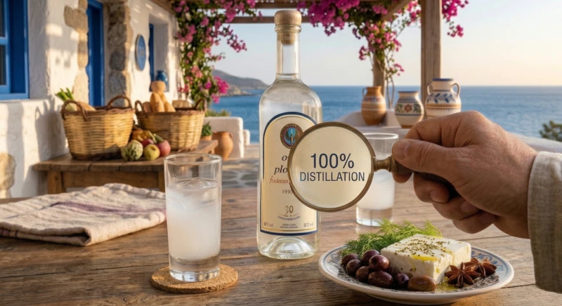 Detaillierte Prüfung der Ouzo-Qualität: Eine Hand hält eine Lupe über das Etikett einer Plomari Ouzo-Flasche, das '100% DISTILLATION' vergrößert.