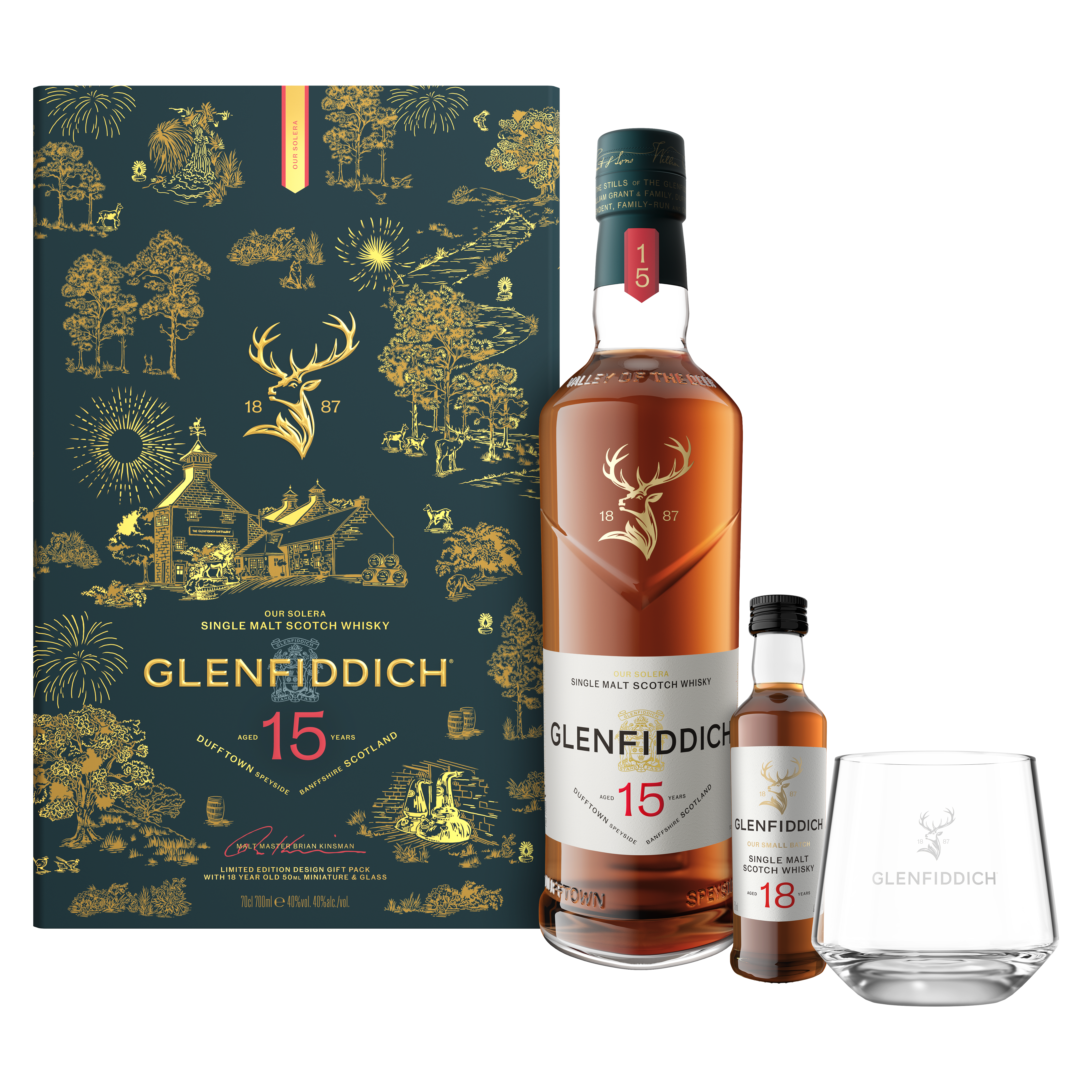 Glenfiddich 15 Jahre Geschenkpackung mit Tumbler und Glenfiddich 18 Jahre Miniatur - 0,75L 40% vol