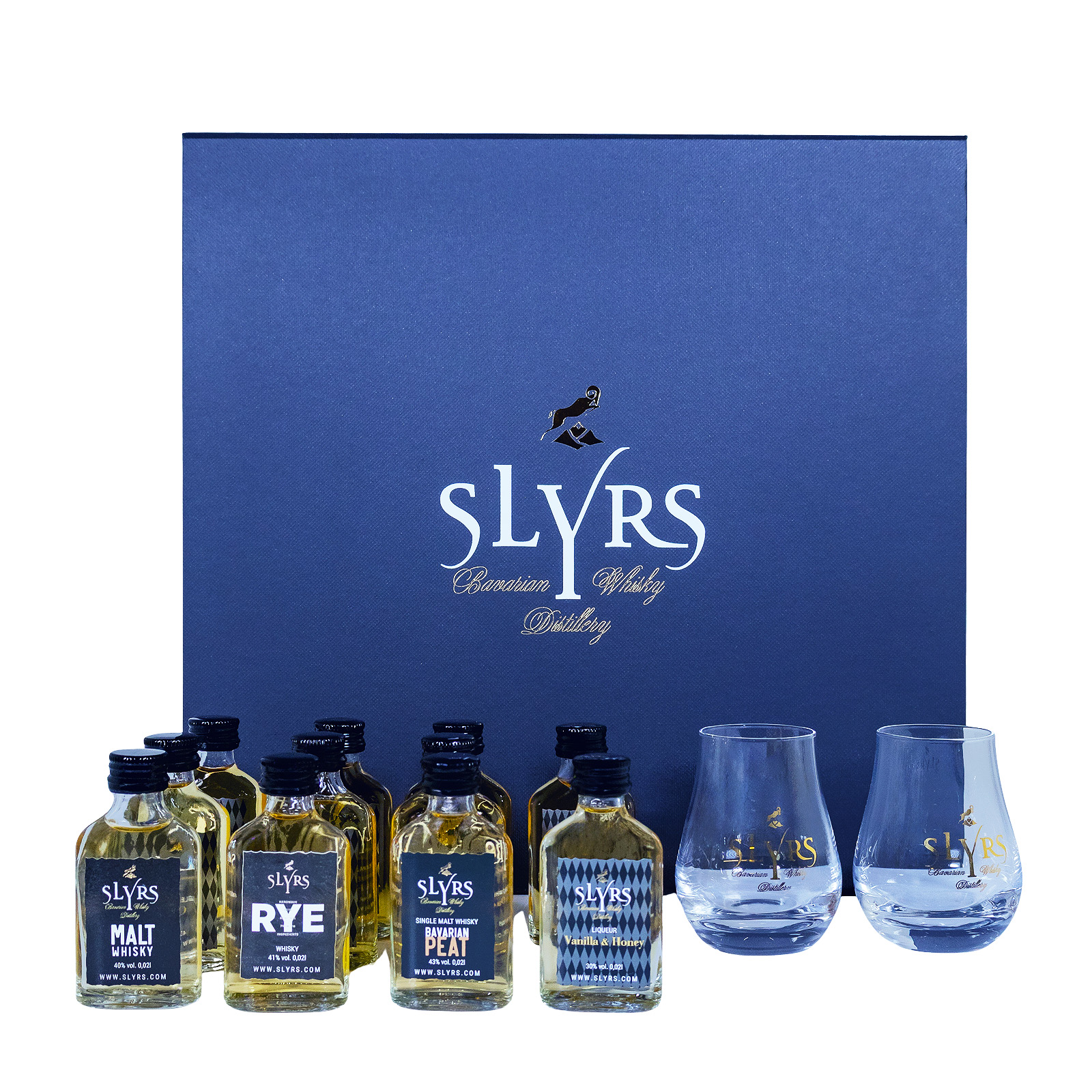 Slyrs Tasting Set Paket [11 x 0,02L] mit 2 Gläsern - 0,22L 43,18% vol