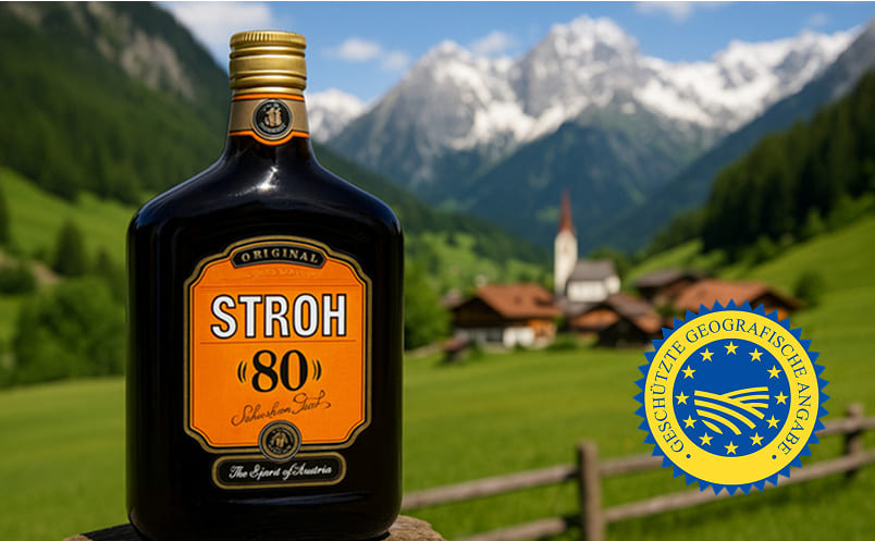 Stroh 80 Inländerrum vor Alpenhintergrund