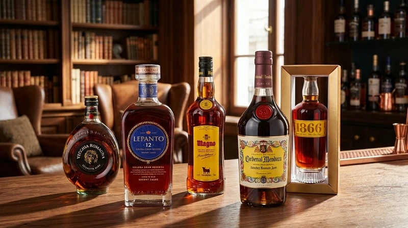 Fünf verschiedene Brandy-Flaschen stehen nebeneinander auf einem Holztisch in einer stimmungsvollen Bibliothek mit Bar-Ambiente.