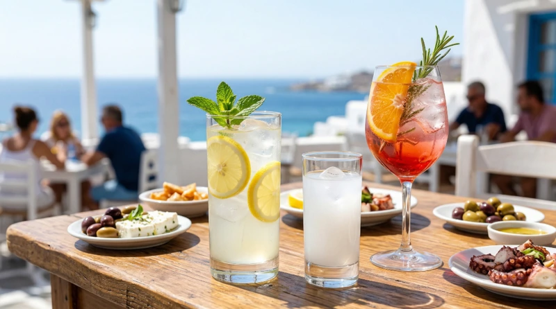 Verschiedene erfrischende Ouzo-Cocktails mit griechischen Meze auf einem rustikalen Holztisch vor Meereskulisse.