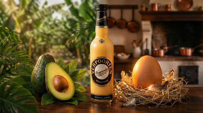 Eierlikör Entstehung: Flasche neben Avocado und Ei im Nest.