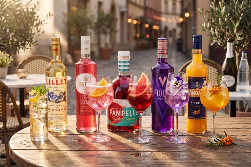 Fünf verschiedene Spritz-Varianten als Aperol-Alternativen mit Lillet, Sarti Rosa, Pampelle, Violet Aperitif und Andalö serviert in Gläsern auf einem Holztisch in sommerlicher Abendstimmung.