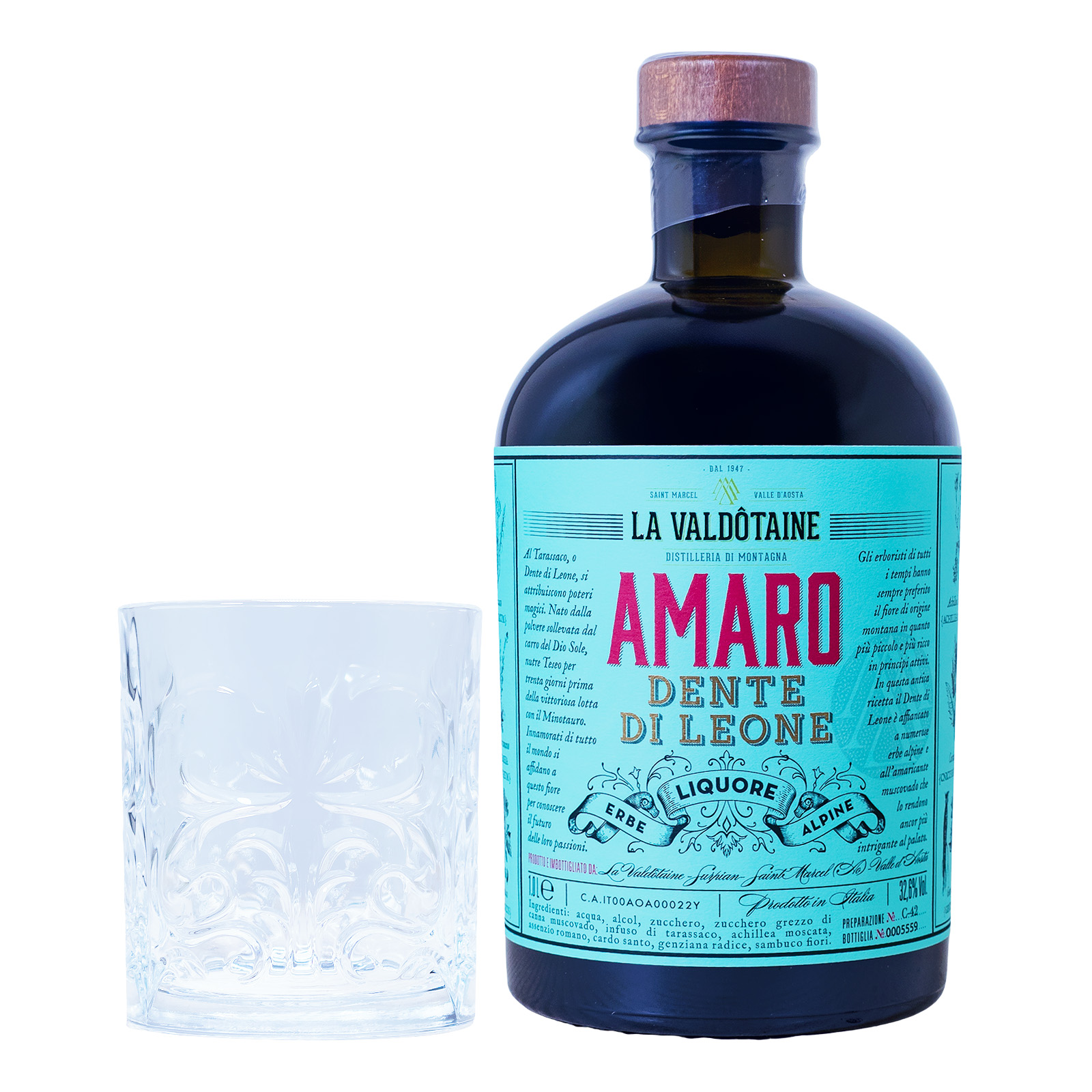 La Valdotaine Amaro Dente di Leone mit 2 Gläsern in Geschenkverpackung - 1 Liter 32,6% vol