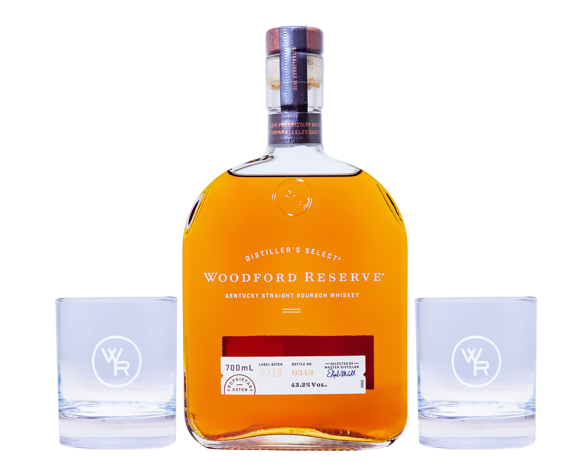 Bundle: Woodford Reserve Distillers Select Kentucky Straight Bourbon Whiskey + 2 Tumbler - 0,7L 43,2% vol