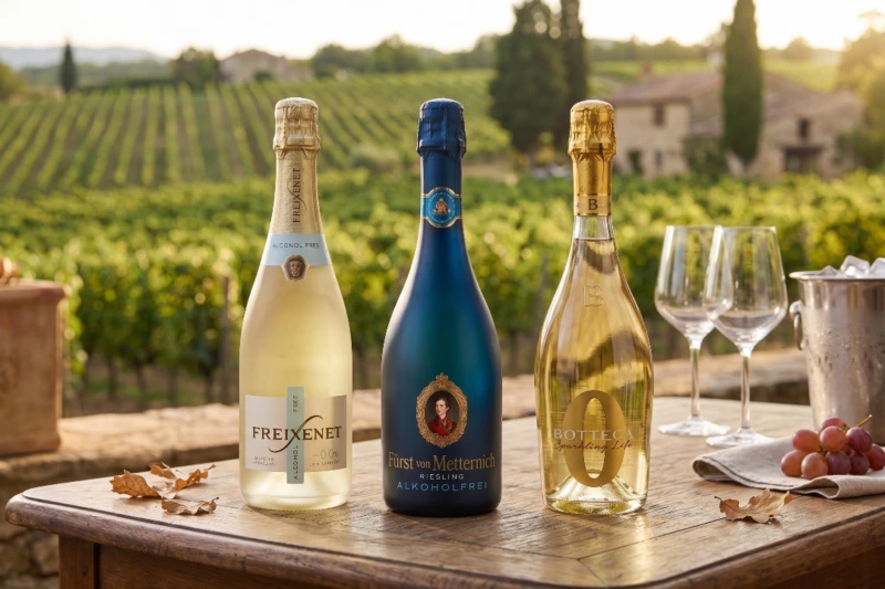 Drei der besten alkoholfreien Sekt-Alternativen von Freixenet, Fürst von Metternich und Bottega auf einem Holztisch vor einem sonnigen Weinberg.