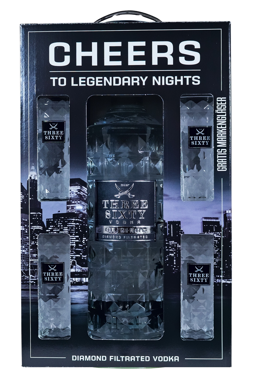 Three Sixty Vodka GEPA mit 4 Gläsern - 3L 37,5% vol Three Sixty Vodka GEPA mit 4 Gläsern - 3L 37,5% vol