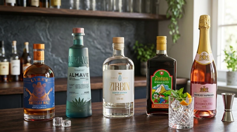 Fünf Flaschen alkoholfreier Spirituosen und ein vorbereiteter Cocktail auf einer dunklen Holztheke.