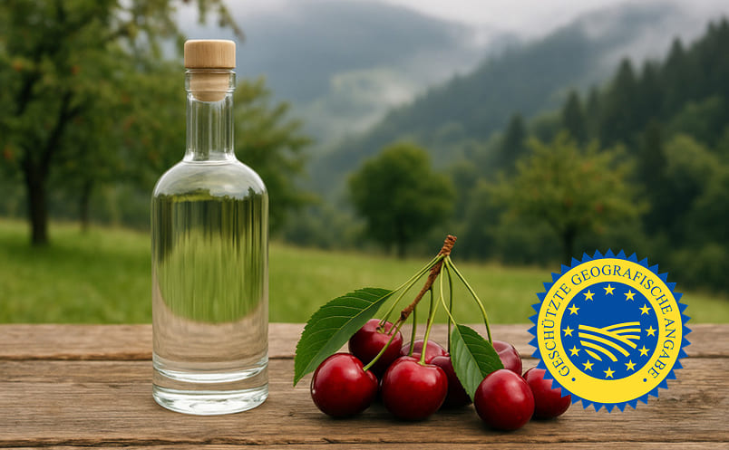 Schwarzwälder Kirschwasser auf einem Holztisch neben Kirschen und vor dem Schwarzwald
