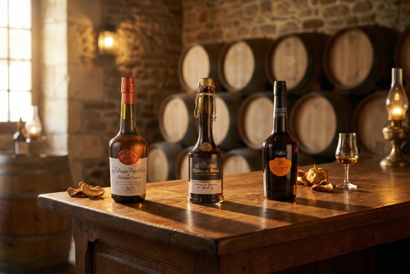 Die drei Calvados Testsieger 2026 (Christian Drouin, Château du Breuil, Lecompte) im Weinkeller.