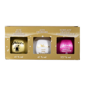Paket [3 x 0,04L] Prinz Christbaumkugeln gold mit Williams-Birne - 0,12L 30,9% vol