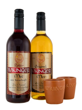 Wikinger Met Original + Roter Wikinger Met + 2 Met Becher - 1,5L 8,5% vol