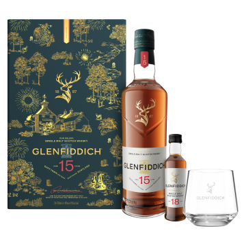 Glenfiddich 15 Jahre Geschenkpackung mit Tumbler und Glenfiddich 18 Jahre Miniatur - 0,75L 40% vol